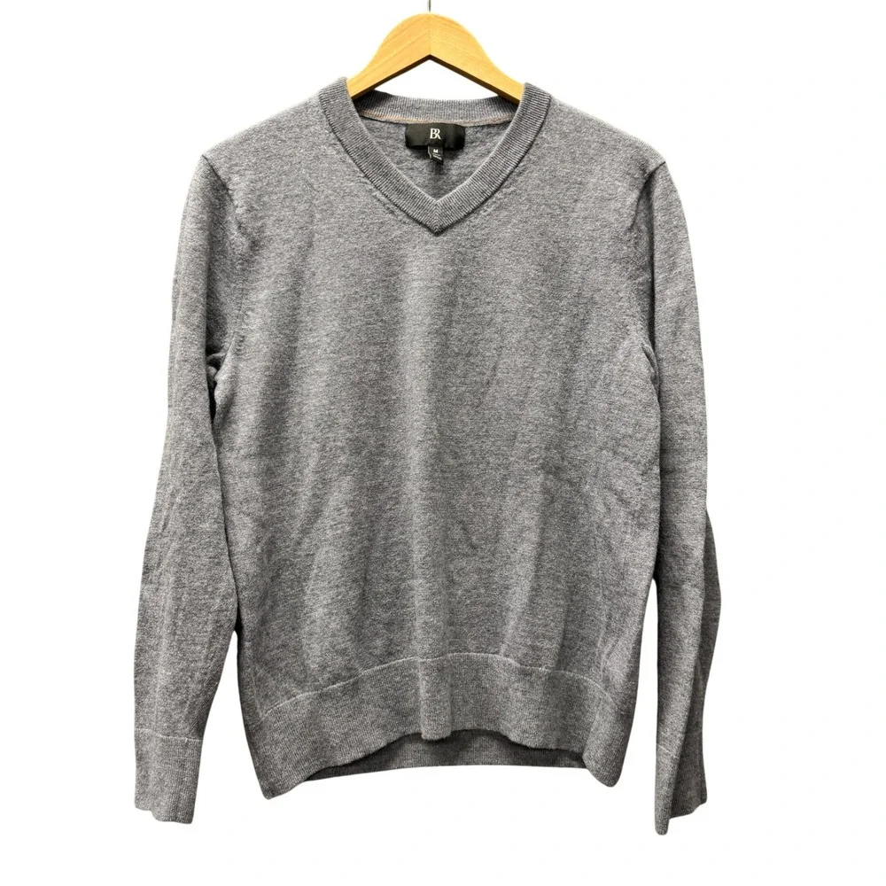 Banana Republic Sweater Mens M Merino Wool Vee V-Neck Gray Pullover Classic